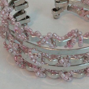 Pink Beaded Silvertone Cuff Bracelet